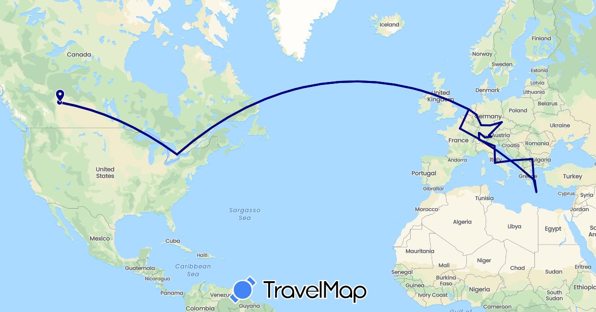 TravelMap itinerary: driving in Austria, Bulgaria, Canada, Switzerland, Czech Republic, Germany, France, Greece, Italy, Liechtenstein, Netherlands, Vatican City (Europe, North America)